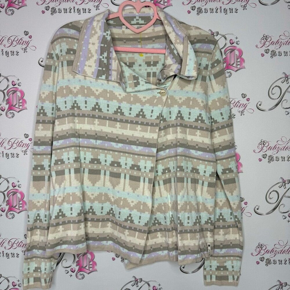 Woolrich sweater cardigan wrap style Aztec boho print light pastel beach summer